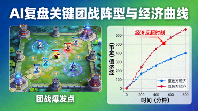 AI复盘关键团战阵型与经济曲线示意图